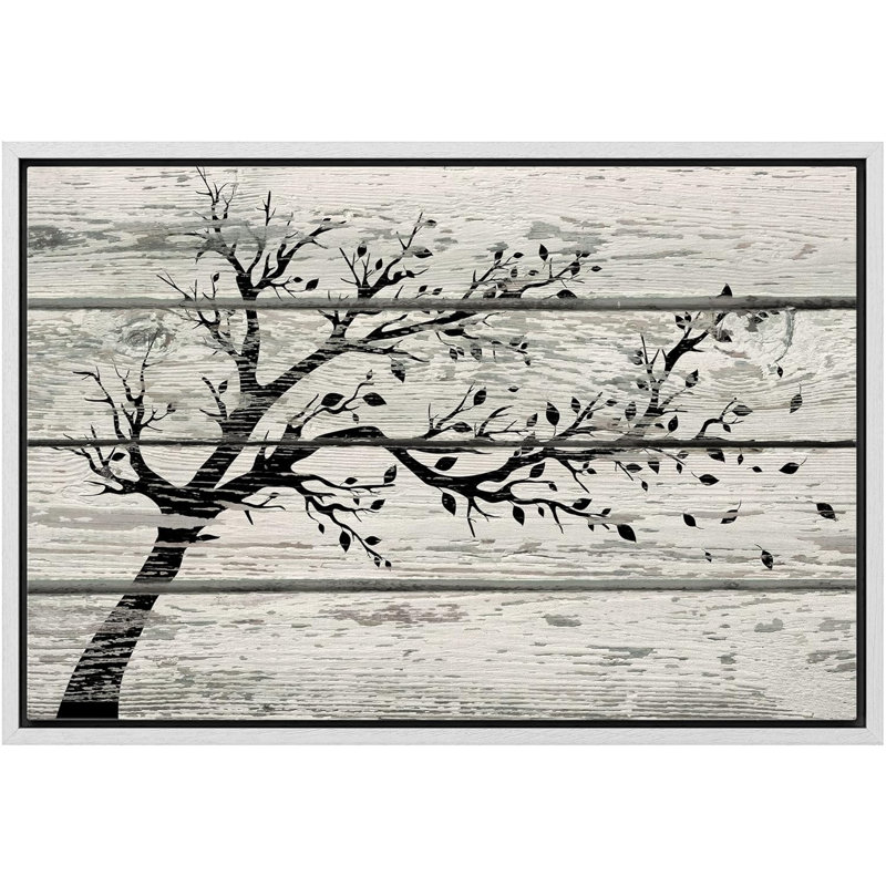 Arbre avec feuilles en noir et blanc sur fond effet bois rétro, impression sur toile rustique, White Floater Framed