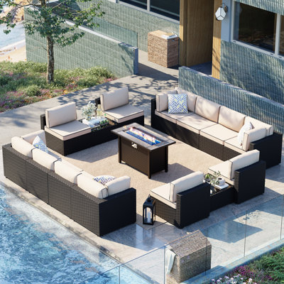 12-Person Outdoor Wicker Patio Set with Cushions and Fire Pit