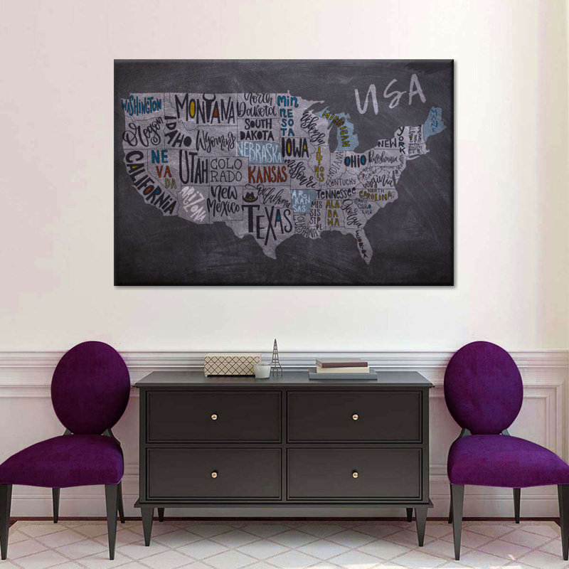 Carte grunge des États-Unis sur toile, H 20 po x l 30 po x P 1,25 po