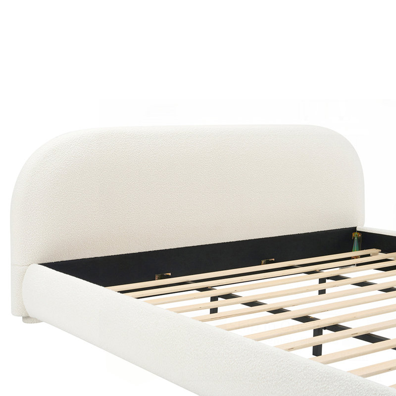 Très grand lit plateforme tapissier avec tête de lit courbée, Crème, crème, Très grand lit