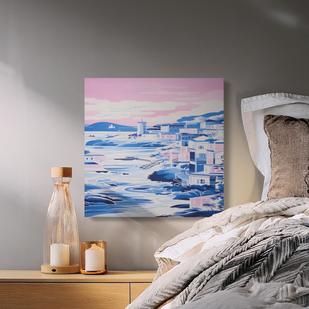 Coastal Village Canvas Wall Art, Blue and Pink, Gallery Wrapped, Ready to Hang, Modern Decor, Archival Quality, Statement Piece, Beach Home