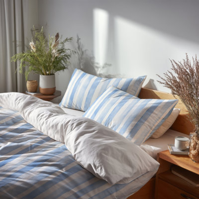 Modern 3 Pcs Bedding Set - Striped Blue And White Soft Blue Stripes Duvet Cover And Throw Pillow Set