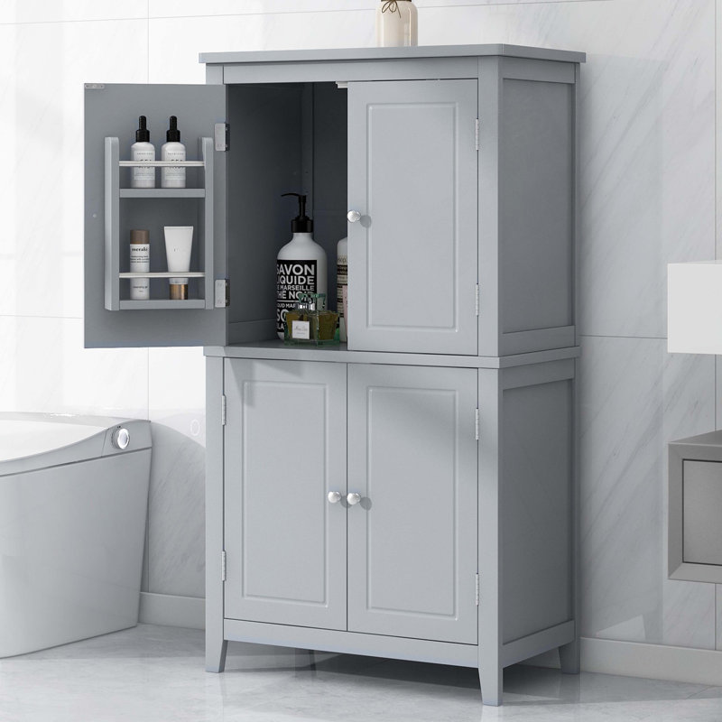 Armoire de rangement élégante pour salle de bain, unité de rangement pour salle de bain, armoire autoportante avec 4 portes, tablettes réglables, tablettes adaptables