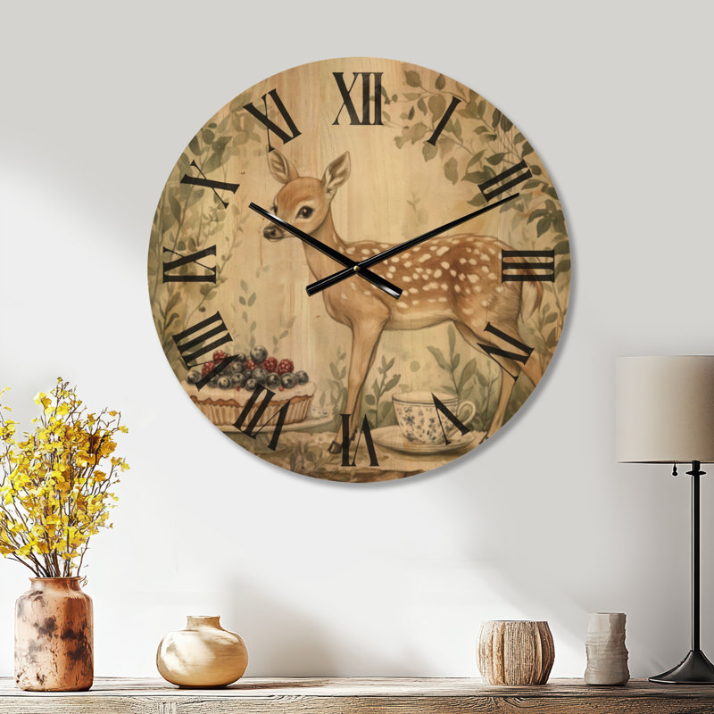 Fawn Tea Party II - Horloge murale Cottage, impression sur bois, Médium