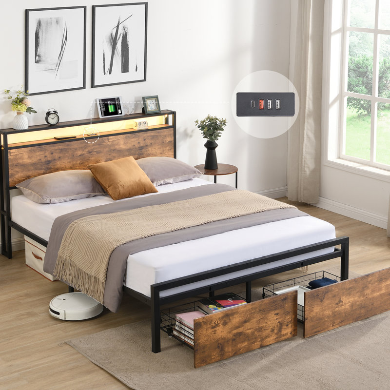 Queen Size Metal Bed With Led Lights, Charging Ports, Spacious Storage, Construction Storage And , Rustic Look, Platform, Noise-
