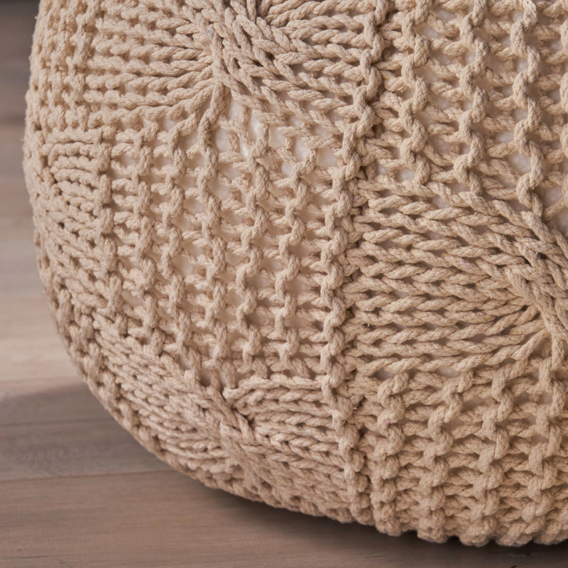 Pouf tricoté en coton beige, et application de coussin de plancher soigneusement conçu manuellement, élément de soutien de poids de 20 lb x 20,6 po x 14 po et fait à la main avec accessoire de capacité d'entretien