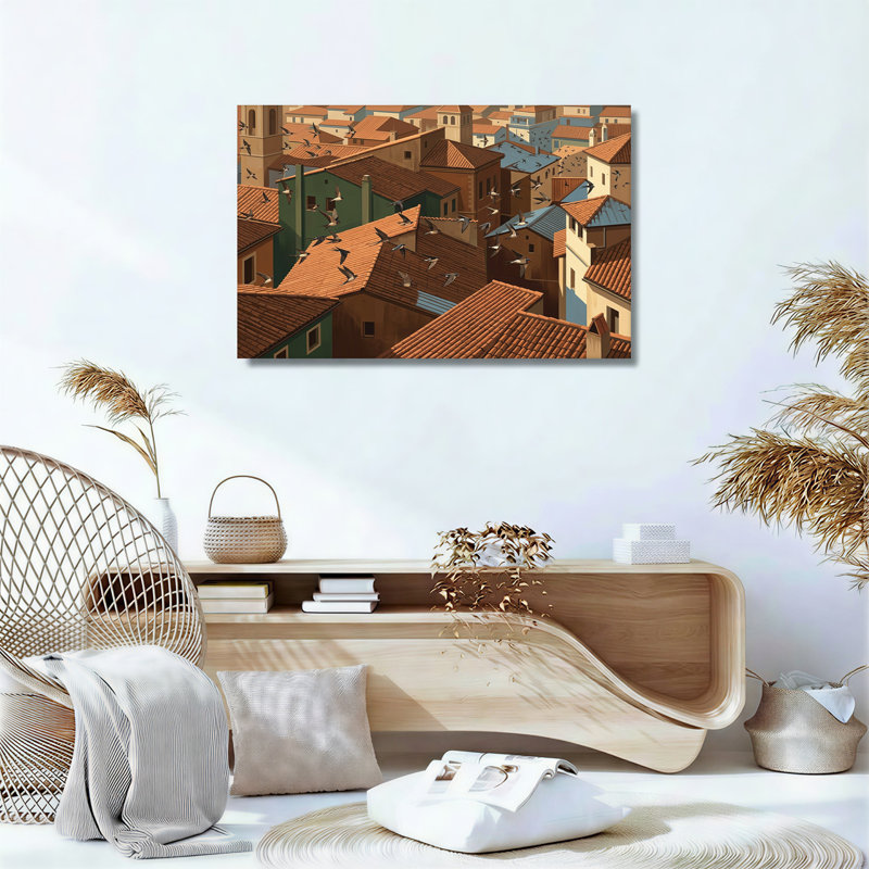 «Swallows Flying Over Terracotta Rooftops», art mural sur toile, H 24 po x l 36 po