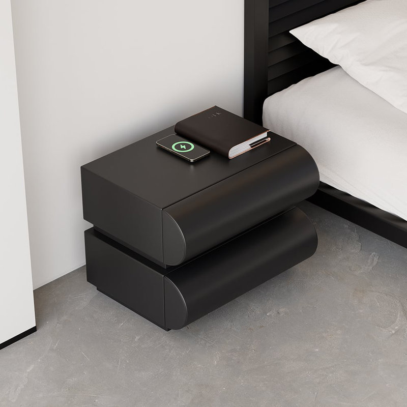 Humply Faux Leather 2-Drawer Smart Nightstand Modern Design with Wireless USB Type-C Charger Black, Black