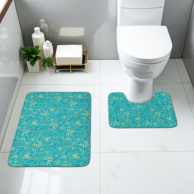  Ensemble de 2 tapis de salle de bain jaune et bleu turquoise et jaune pâle
