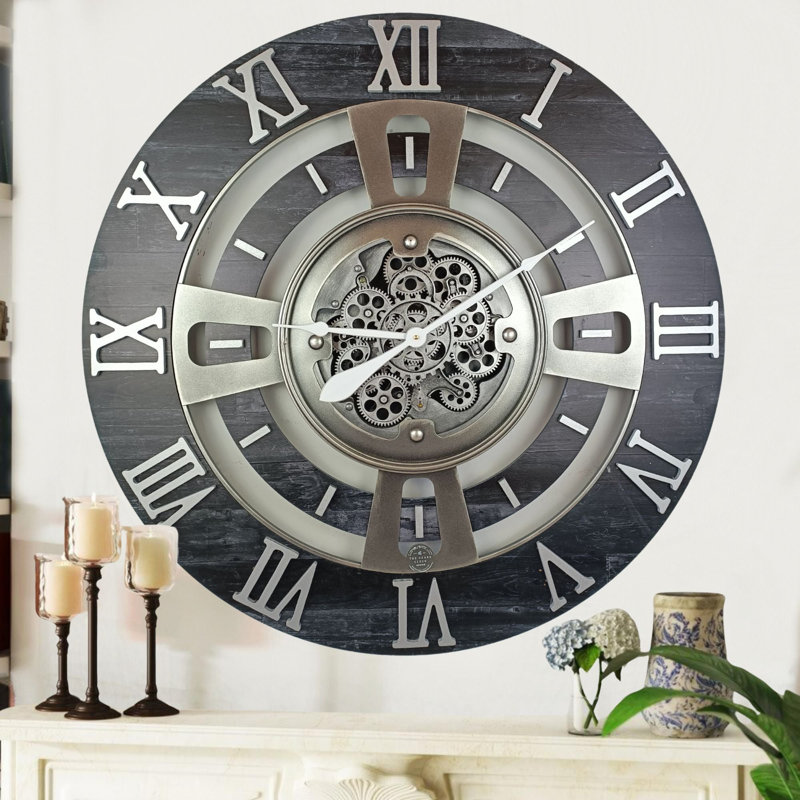 Wall Clock 24" Oversized for Living Room decor with Real Moving Gears England Collection, Vintage Black