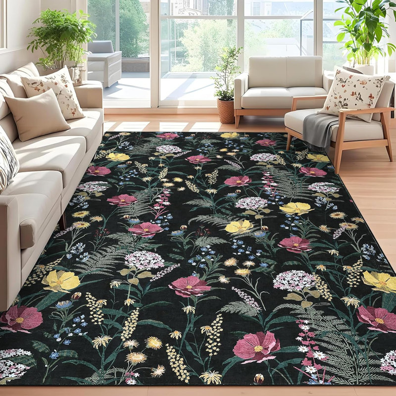 Modern Floral Washable Rugs 5x7 Area Rugs for Living Room,Rugs for Bedroom, Ultra Soft Low Pile Nature Accent Carpet, Non Slip & Non-Shedding Botanical Print Floor Mats for Home Decor