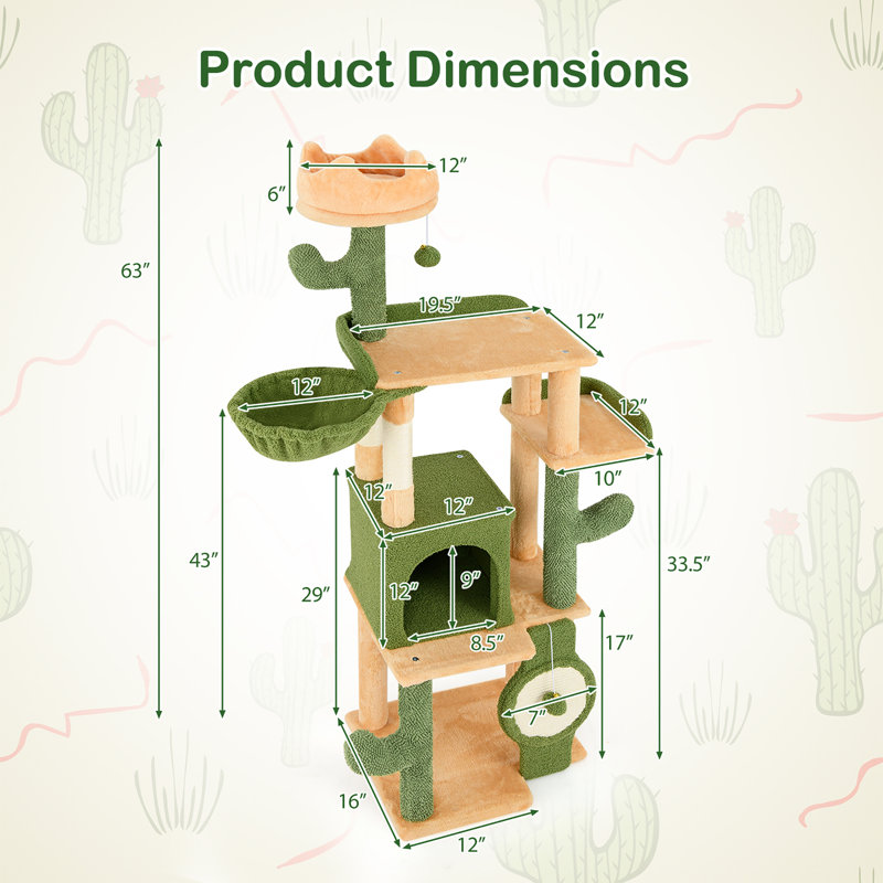  63'' Cactus Cat Tree for Indoor Cats w/ Sisal Scratching Posts & Board Condo