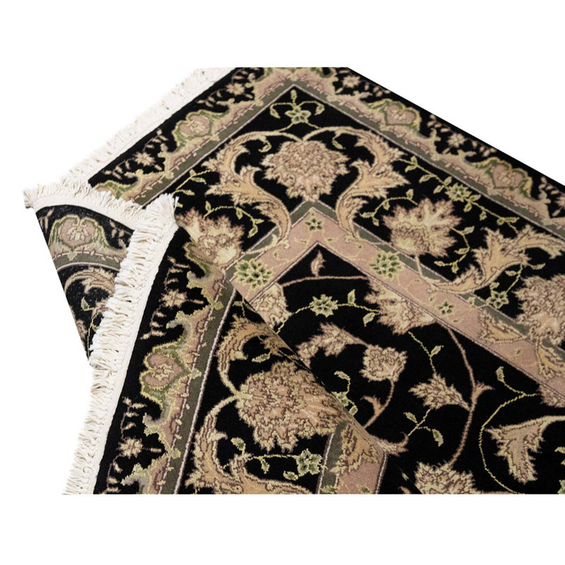Tapis unique vert olive / beige noué à la main de haute qualité