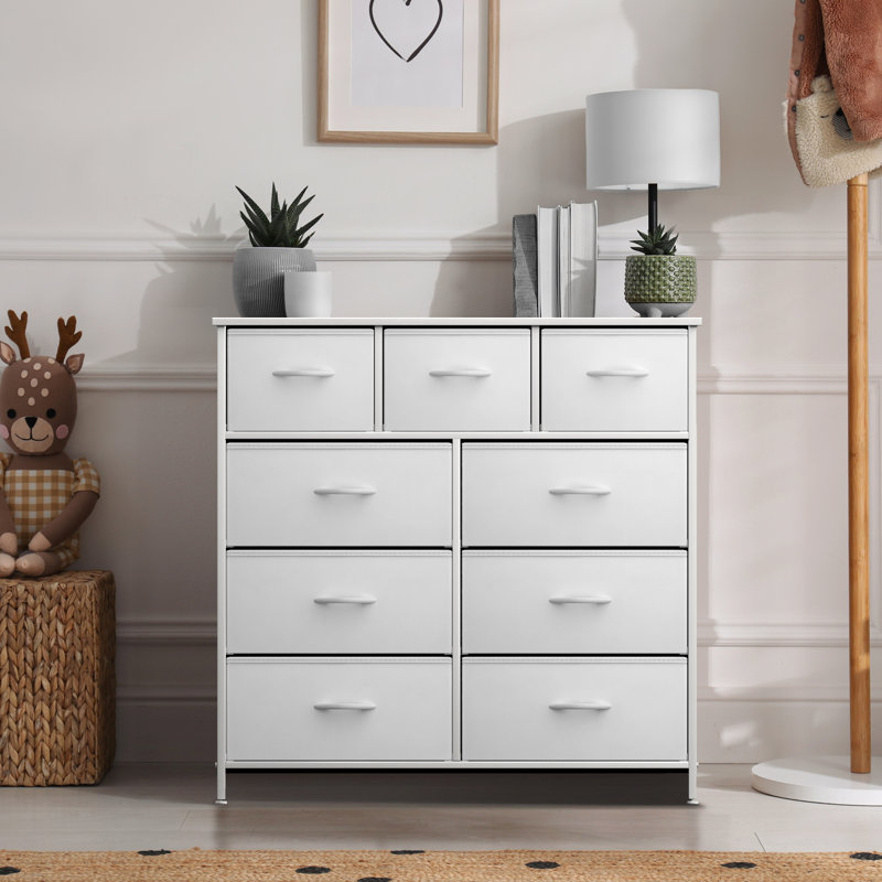 White 9-Drawer Dresser with Steel Frame and Wood Top