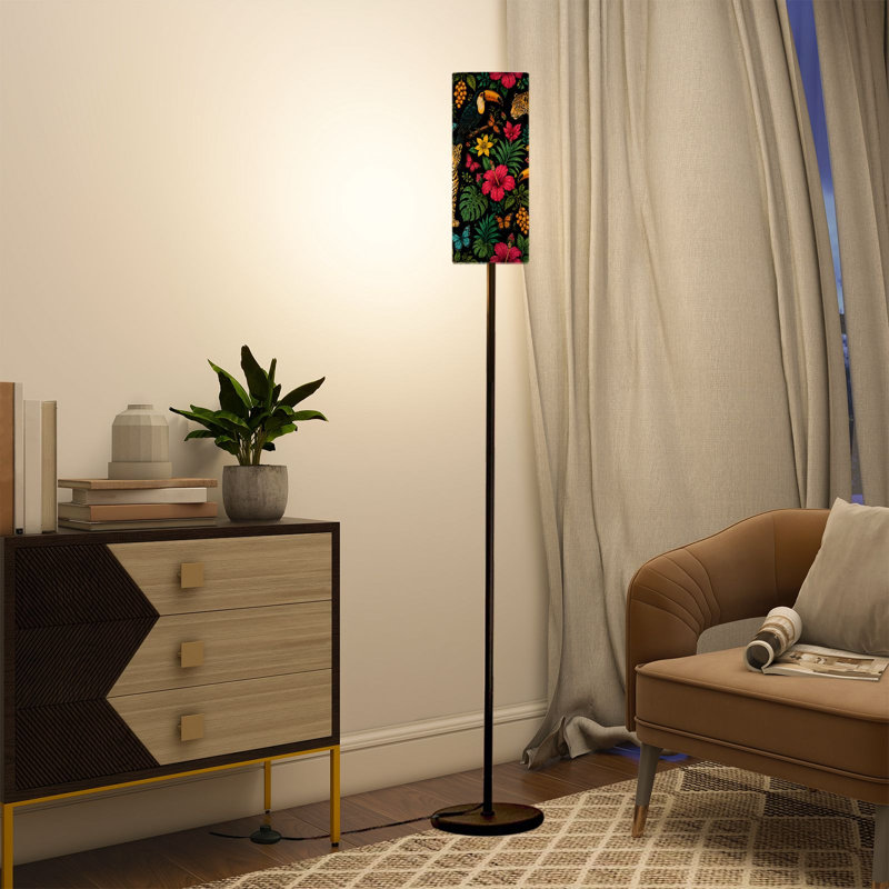 68.5" Standing Floor Lamp Tropical Jungle Jaguars Toucan Butterflies Exotic Dimmable Metal Pole Lamp with Linen Lampshade LED Bulb Included