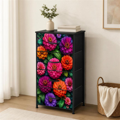 Commode à 4 tiroirs pour la chambre à coucher Fleurs vibrantes de Zinnia Pétales colorées Gouttelettes d'eau Petite grande commode à vêtements pour organisateurs de placard avec commode