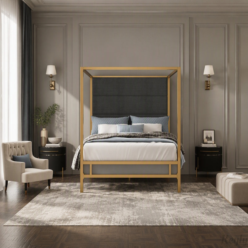 Lit à baldaquin moderne avec tête de lit rembourrée haute et cadre en métal, Queen, Dark Grey,Gold