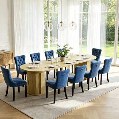 47" to 118" Extendable Dining Table Set with Storage Base, Oval Extendable Tabletop, Safe Corner, 6-10 Seats, Velvet Upholstered Chairs, Modern Rectangular Wooden Kitchen Table Set for Dining Room