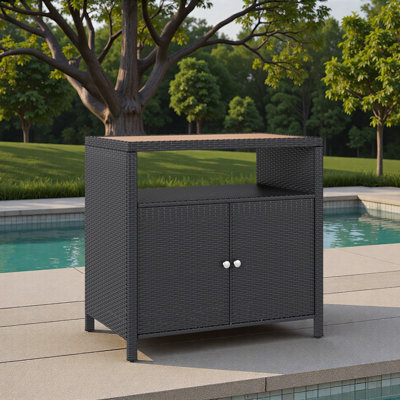 Outdoor Storage Cabinet with Acacia Wood Top, Two Doors, Shelf, Wicker Bar Table for Pool Towel Storage