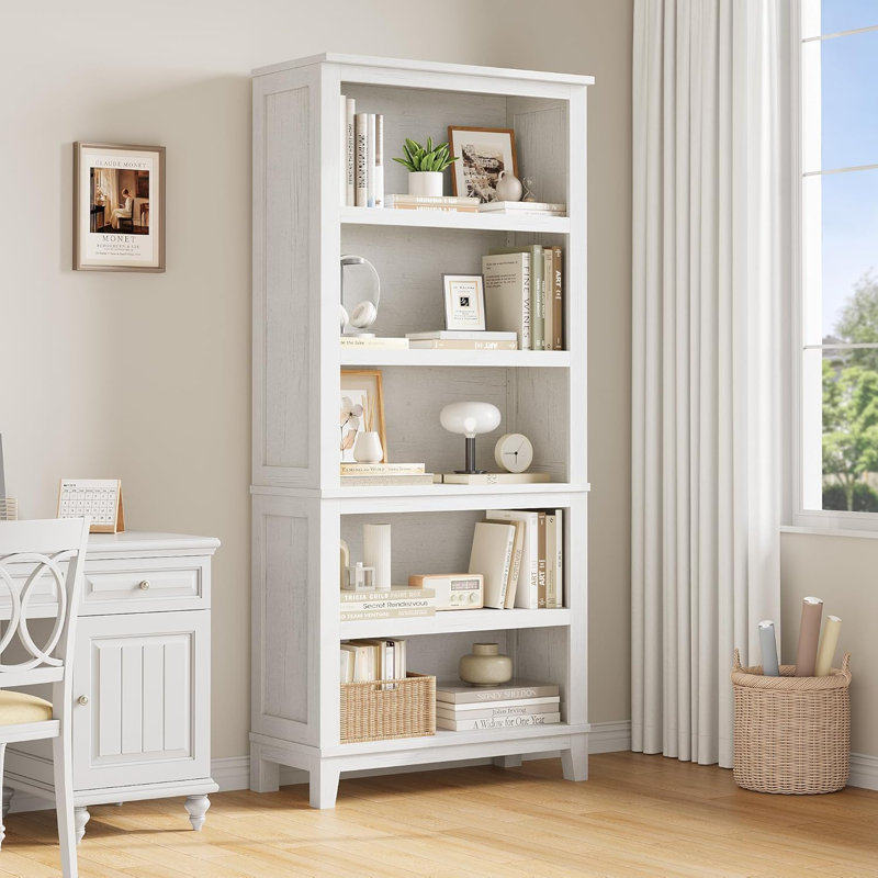 71" Farmhouse Bookcase with Adjustable Shelves - Rustic 5-Tier Bookshelf for Living Room, Office & Library, 31.5" Wide, White