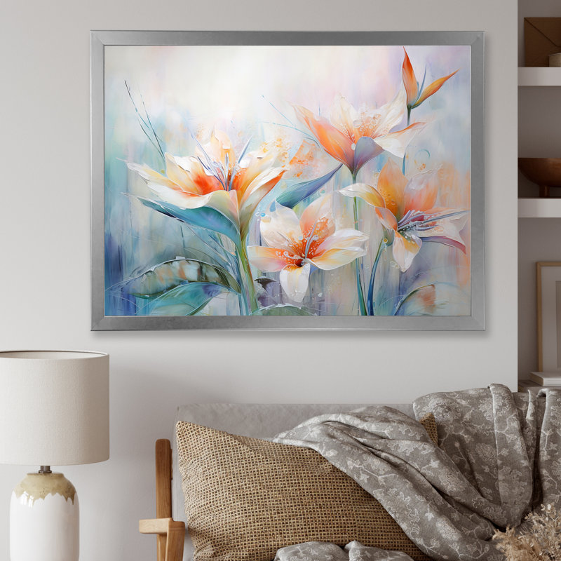 Oiseaux de paradis beige et orange sur toile, Cadre simple argenté, H 16 po x l 32 po x P 1 po
