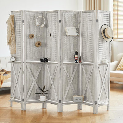 Paravent 6 panneaux avec tablettes, cloisons en bois
