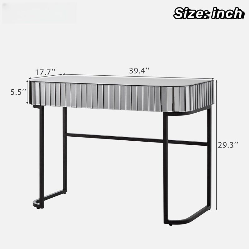 Makeup Vanity Table With Stainless Steel Base, 2 Drawers And Mirrored Glass Tabletop, Gray/Black