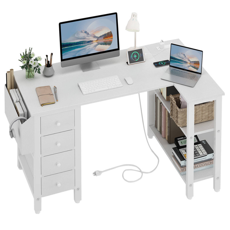Built-in Outlets L-Shaped Computer Desk with Drawers & Storage Shelves, 29.5" H x 47.2" W x 26.8" D, White