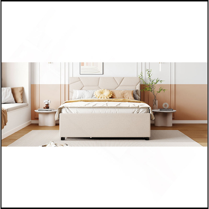 Lit plateforme tapissier avec tête de lit à motif brique, avec gigogne et 2 tiroirs, tissu en lin, Lit double, Beige