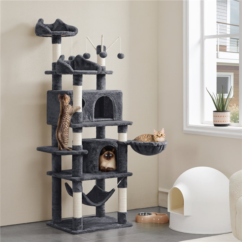 Tour pour chat 67 po à 2 niveaux avec 2 condos, Gris foncé