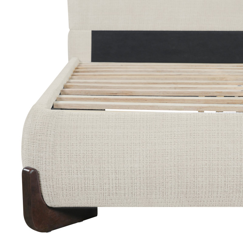 Lit plateforme tapissier avec pieds en bois massif Verona, Très grand, Beige/Natural
