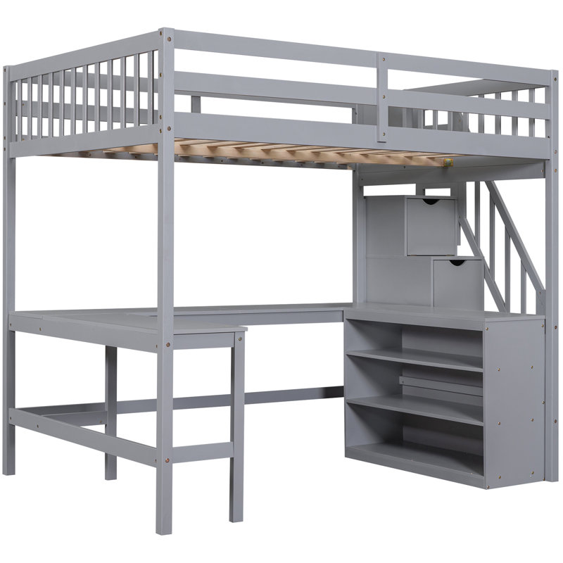 Améliorez votre espace avec un lit mezzanine double, un bureau en L, des tablettes et un escalier intégrés et du rangement - Aménagement de chambre à coucher efficace