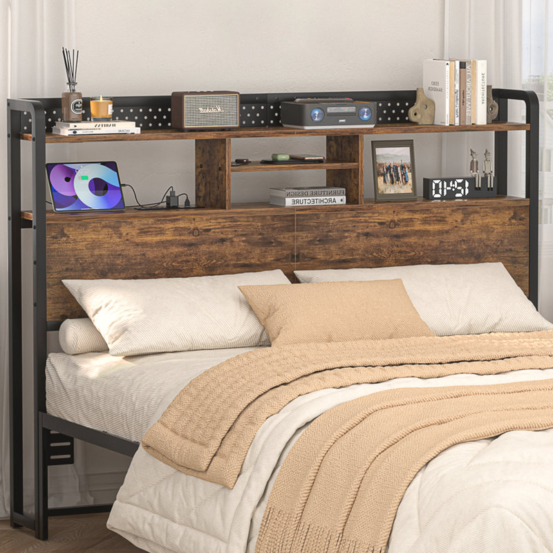 Miljenko Headboard with Led Lights & Charging Station, Queen, Brown