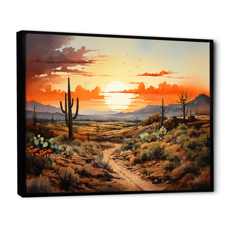 Silhouette orange, Cactus, lever de soleil - Cactus, art mural, Cadre flottant noir, H 34 po x l 44 po x P 1,5 po