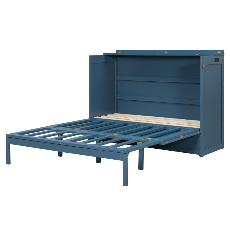 Queen Lower Profile Vertical Murphy Bed Cabinet With Storage Drawers, Charging Station And Safety Lock, Navy Blue