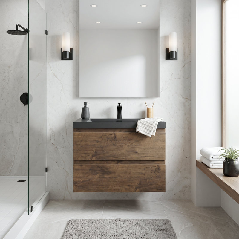 Meuble-lavabo suspendu flottant en mélamine de bois de 30 po avec lavabo intégré en résine et sable de quartz, quincaillerie de qualité supérieure à fermeture en douceur, aménagement de rangement intelligent et spacieux (entièrement assemblé)
