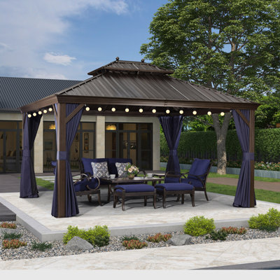 14 pi. L 12 pi. D Pavillon de jardin en aluminium avec guirlande de 48 pi