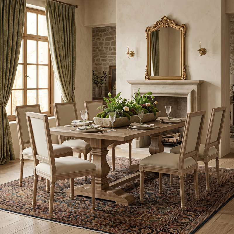 Chaises de salle à manger French Country - Chaises d'appoint rembourrées rectangulaires avec pieds en bois massif, Beige, 2