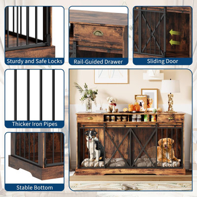 Caisse pour chien double 63 po avec cloison, portes coulissantes et tiroirs de rangement robustes 63 po - Grand chenil d'intérieur pour 2 chiens, table de bout de meuble télé en brun