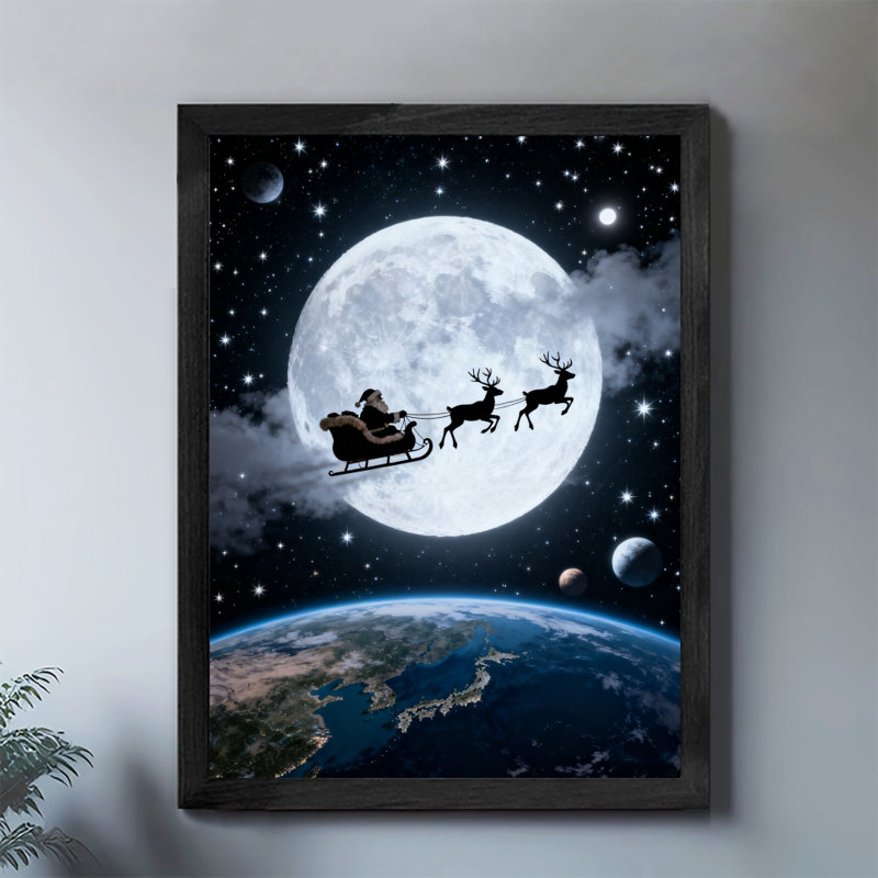 Reproduction d'art encadré noir rétro avec traîneau du père Noël contre la lune, H 25 po x l 17 po