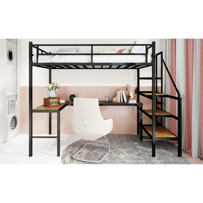 Twin Iron Loft Bed In White, 360 Guardrail, Shelves On Desk, Construction For Bedroom Size White With L - Shaped Frame, Continuous Belt Railing, Large Storage Compartments, Space Saving Use