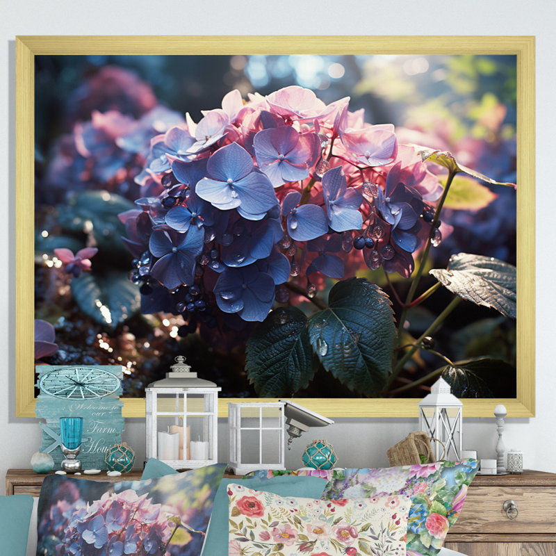 Champ d'hortensia mauve - imprimé, H 34 po x l 44 po x P 1,5 po, Cadre doré simple