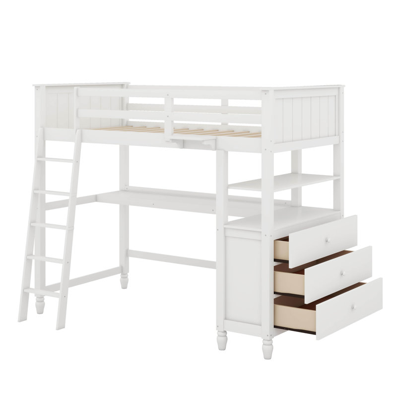 Twin Size Loft Bed With Desk And Drawers, Wooden Loft Bed With Shelves, White