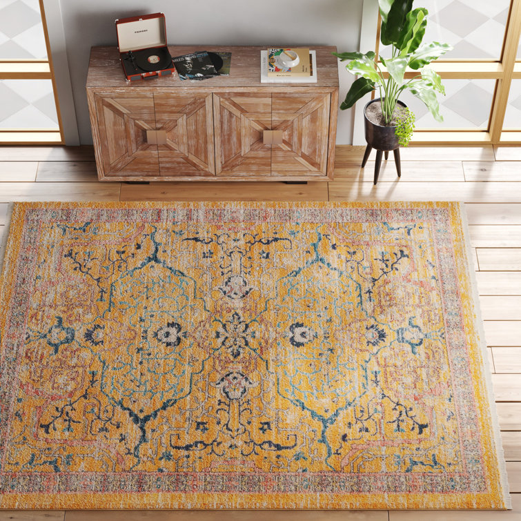 Langley Street Alkire Floral Yellow/Indigo Blue/Red Rust Area Rug ...
