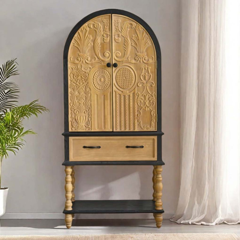 French Country Style Carved Storage cabinet, Black/Wood