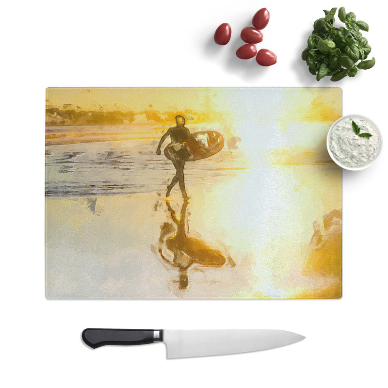 Tempered Glass Surfer on a Spanish Beach Chopping Board, 39 cm W x 28.5 cm L