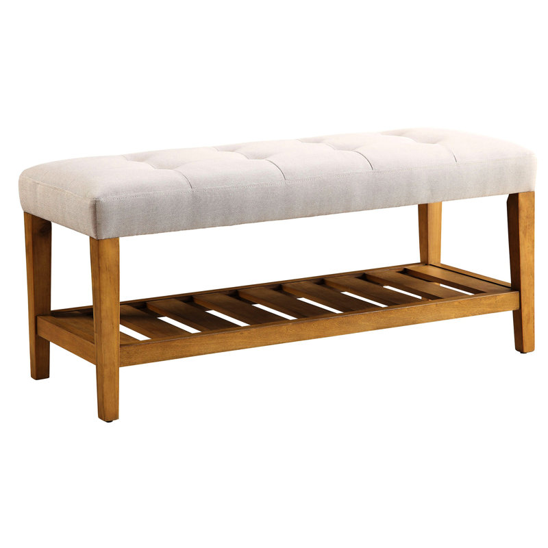 Banc moderne gris et chêne avec tablettes de siège confortables et cadre de rangement rembourré
