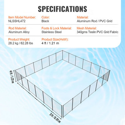 Pool Fence, 4 x 12 FT Pool Fences for Inground Pools, Removable Child Safety Pool Fencing, Easy DIY Installation Swimming Pool Fence, 340gms Teslin PVC Pool Fence Mesh Protects Kids and Pets