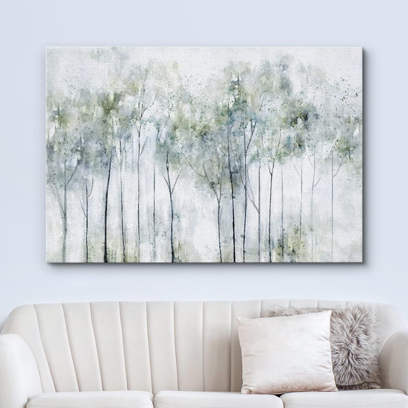 Abstract Forest "Muted Pastel Green Trees Artwork, Modern Watercolor Painting Wall Pictures, Large Framed Canvas Giclee Print Wall Art"