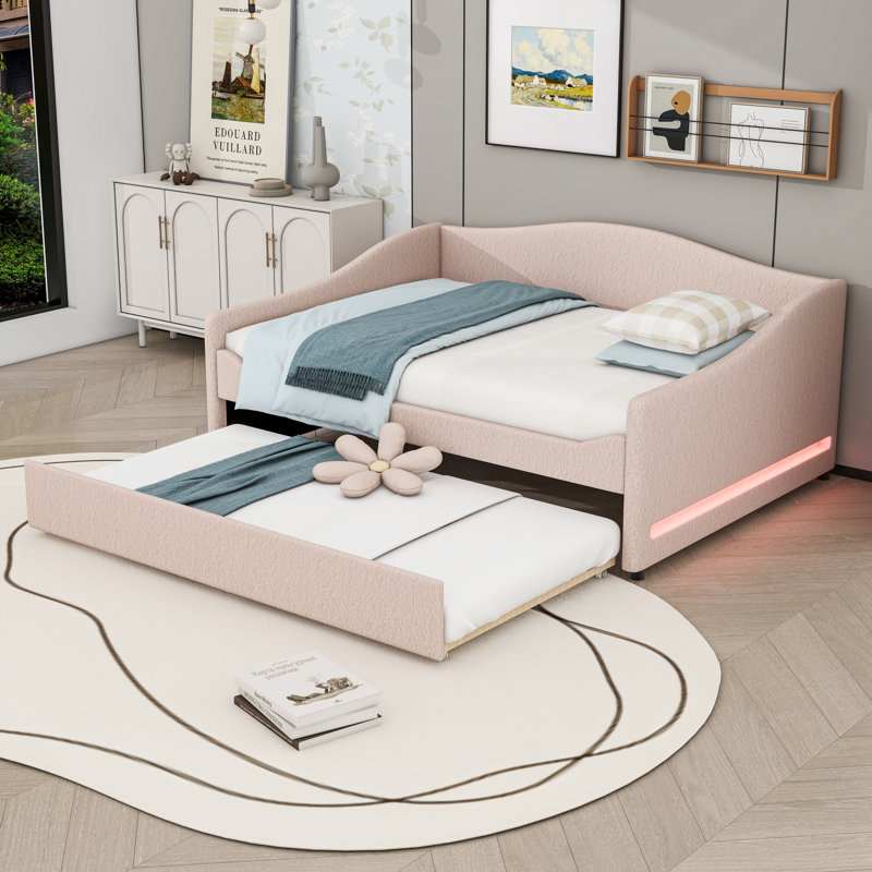 Lit de jour rembourré avec lumières DEL et lit gigogne simple, Lit double, Beige